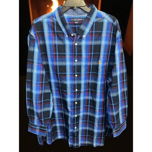 US Polo Assn. 4XL Shirt Navy Blue Plaid Button Down Pocket Logo Long Sleeves Big - Picture 2 of 4